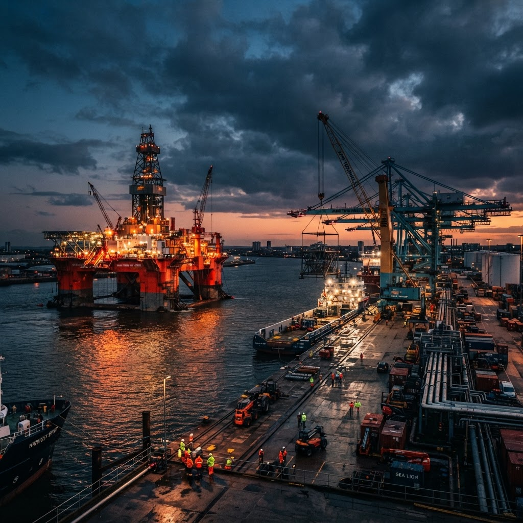 Offshore oil rig and port cranes at dusk during heavy lifting operations