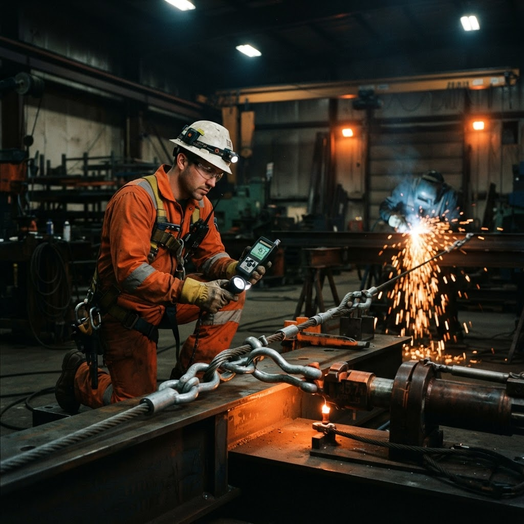 Technician load-testing a wire rope sling assembly in a rigging workshop